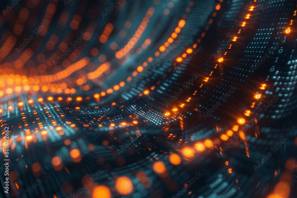 Close-up of a 3D binary code stream transforming into a protective barrier around sensitive data Close-up of a 3D binary code stream transforming into a protective barrier around sensitive data