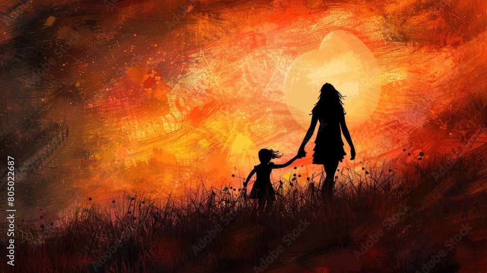 Silhouette of Mother and Child Walking Hand in Hand, Bonding in Love