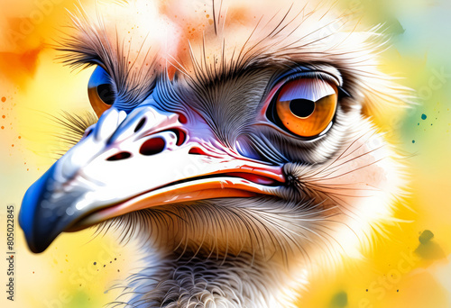 Colorful digital illustration of an ostrich head close-up, ideal for wildlife themes, exotic pet concepts, and animal art collections photo