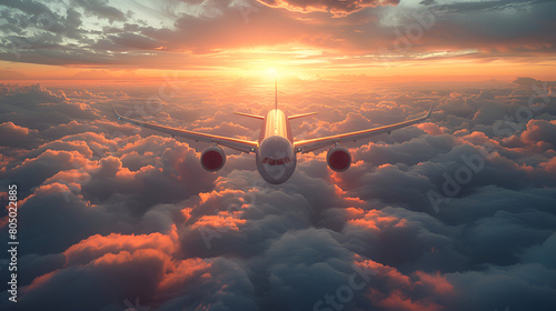 Passenger Airplane in the Sky Above the Clouds,
Passenger civil airplane jet flying at flight level high in the sky above the clouds and blue sky View directly in front exactly
 photo