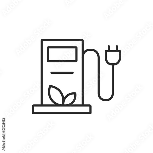 Electric Vehicle Charging Station icon. This symbol represents the infrastructure for charging electric vehicles, indicating sustainability with a leaf emblem. Vector illustration