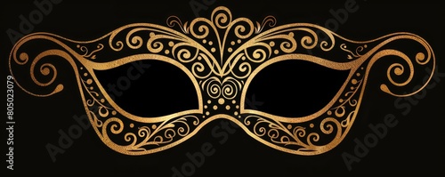 A golden eye mask for masquerade party festival isolated on black background with floral pattern art.