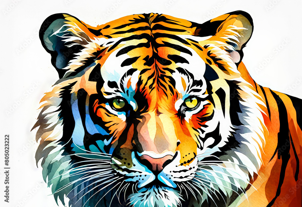 Vibrant digital art illustration of a tiger's face in bold colors, ideal for wildlife themes, conservation campaigns, and Chinese New Year of the Tiger festivities
