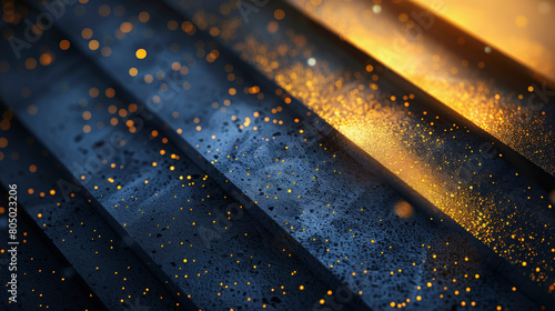 Abstract close-up of glittering golden particles on a backdrop of dark, textured stripes, conveying a sense of luxury, detail, and contrast.