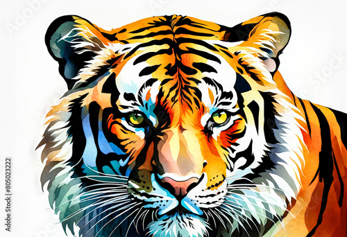 Vibrant digital art illustration of a tiger's face in bold colors, ideal for wildlife themes, conservation campaigns, and Chinese New Year of the Tiger festivities photo