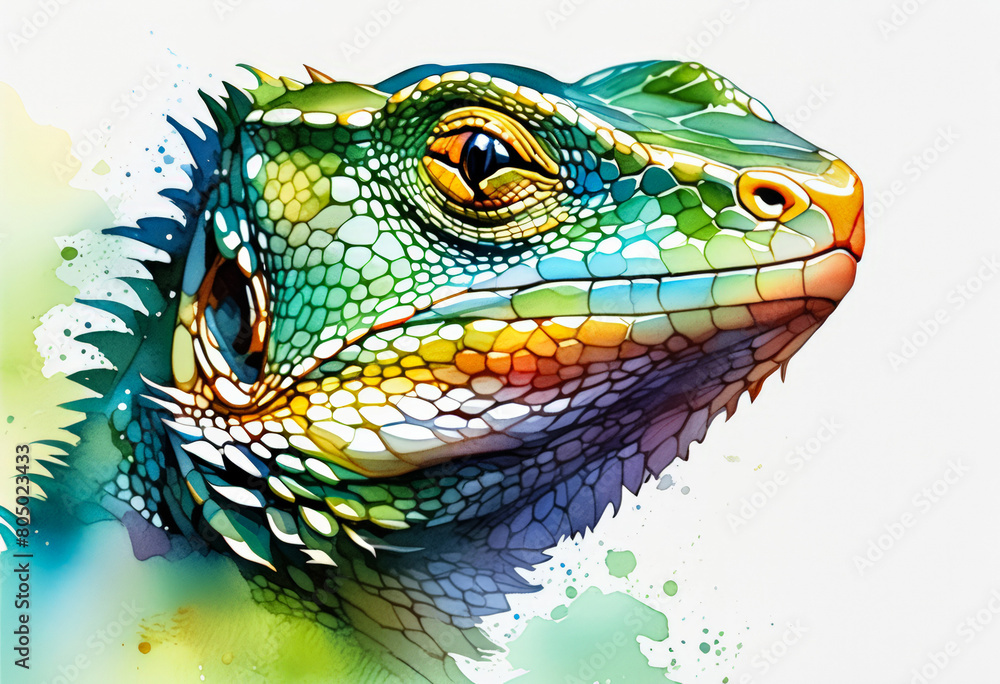 Colorful digital illustration of an iguana head with vibrant watercolor splashes, ideal for exotic wildlife themes and World Lizard Day promotions Colorful digital illustration of an iguana head with vibrant watercolor splashes, ideal for exotic wildlife themes and World Lizard Day promotions