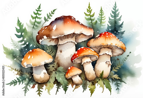 Watercolor illustration of wild mushrooms amidst green ferns, perfect for themes like autumn, foraging, nature studies, and educational materials