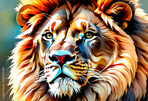 Colorful digital art illustration of a majestic lion, ideal for wildlife conservation themes or Leo zodiac sign related designs photo