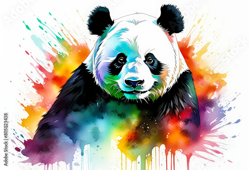 Colorful watercolor portrait of a giant panda with a vibrant splash background, ideal for World Wildlife Day or Endangered Species Day promotions