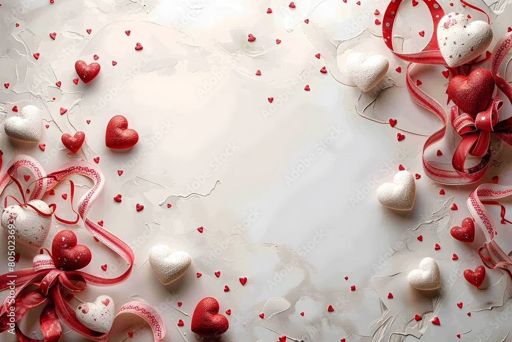 Elegant display Valentines Day decor scattered red, white heart shapes ribbons textured surface Elegant display Valentines Day decor scattered red, white heart shapes ribbons textured surface
