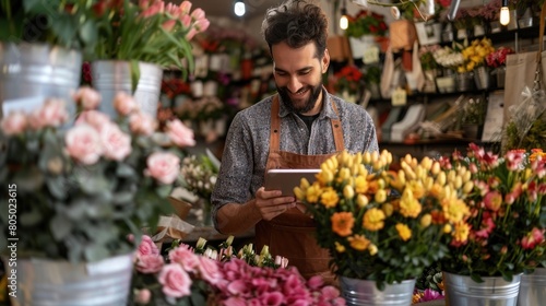 Young male florist working and using a tablet in a flower shop