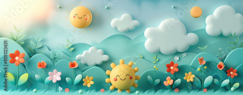 Colorful 3D illustration of a whimsical springtime landscape with rolling hills, flowers, and puffy clouds.