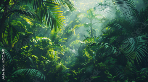 Dense tropical jungle with lush greenery, leaves, and diffused sunlight piercing through the foliage creating a serene and mysterious atmosphere.