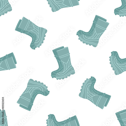 Seamless pattern of pair of rubber boot in turquoise color waterproof  footwear for seasonal design in flat style. Isolated vector illustration of gumboots for protection against water.
