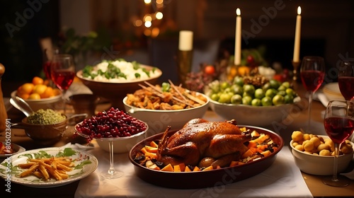 A festive holiday table set with an assortment of seasonal dishes  including roast turkey  cranberry sauce  stuffing  and roasted vegetables  ready for a family feast.