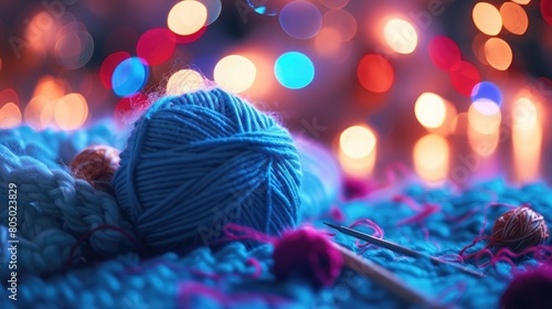 Yarn ball with knitting needle and bokeh lights background photo