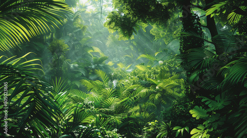 Dense tropical rainforest with lush greenery, sunlight filtering through the canopy, highlighting the rich biodiversity and vibrant plant life of this natural ecosystem.