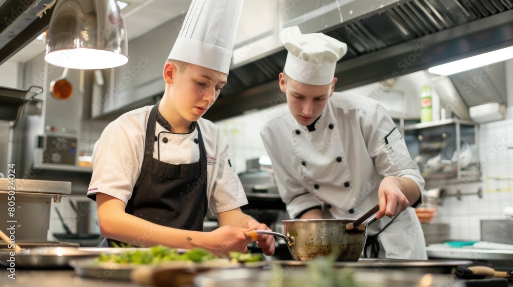 Young apprentice chef repeats complex recipe steps under chef's guidance Young apprentice chef repeats complex recipe steps under chef's guidance