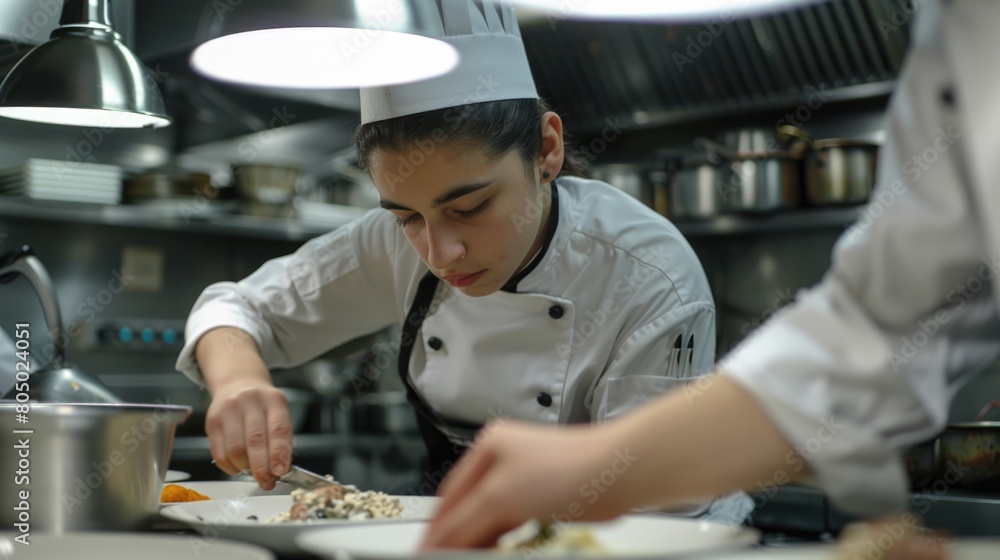 Young apprentice chef repeats complex recipe steps under chef's guidance Young apprentice chef repeats complex recipe steps under chef's guidance