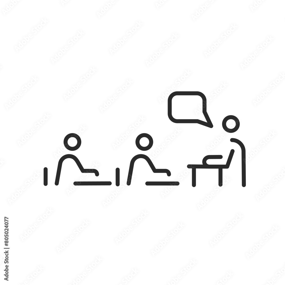 Classroom Discussion icon. Simple line art design depicting a classroom scenario with students and a teacher engaged in a discussion. Perfect for educational materials. Vector illustration Classroom Discussion icon. Simple line art design depicting a classroom scenario with students and a teacher engaged in a discussion. Perfect for educational materials. Vector illustration