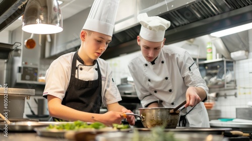 Young apprentice chef repeats complex recipe steps under chef s guidance