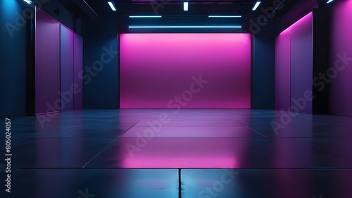 Room in a basement with pink and blue themed colors and lights made as a scene for showing products or auditions photo