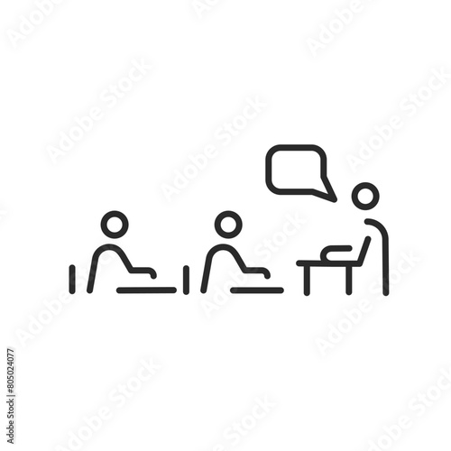 Classroom Discussion icon. Simple line art design depicting a classroom scenario with students and a teacher engaged in a discussion. Perfect for educational materials. Vector illustration