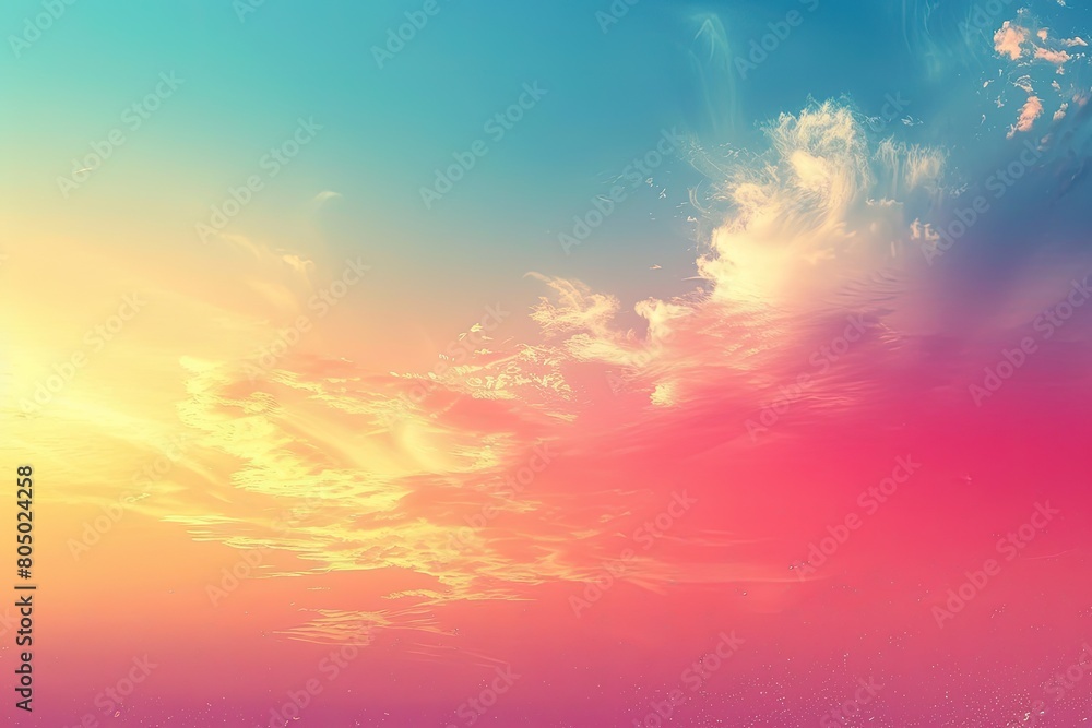 A colorful sky with a rainbow and clouds. The sky is filled with a variety of colors, including pink, blue, and yellow. The clouds are scattered throughout the sky, with some larger