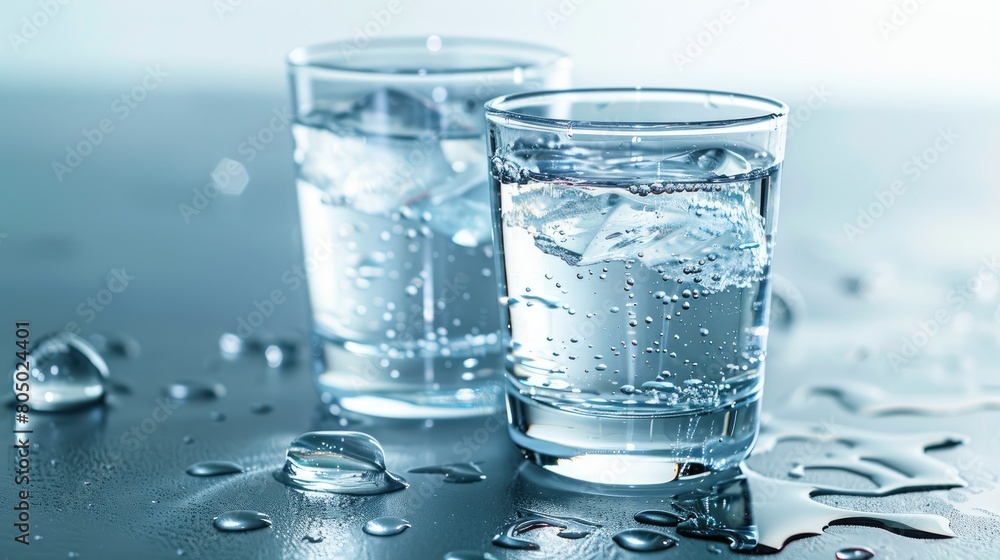 Glass of water with water drops on a blue background Glass of water with water drops on a blue background