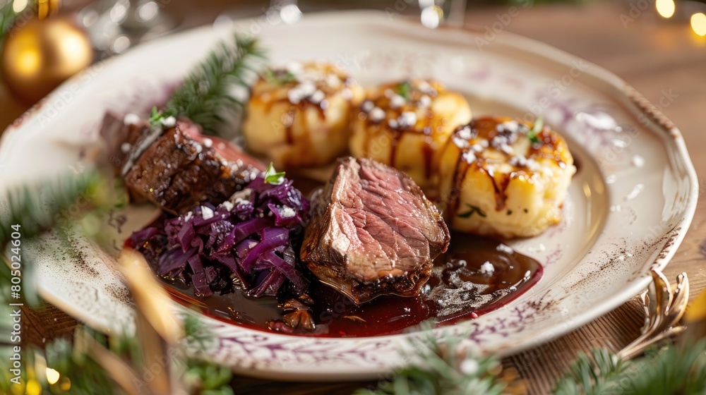 Duck fillet with potatoes and red cabbage on christmas table