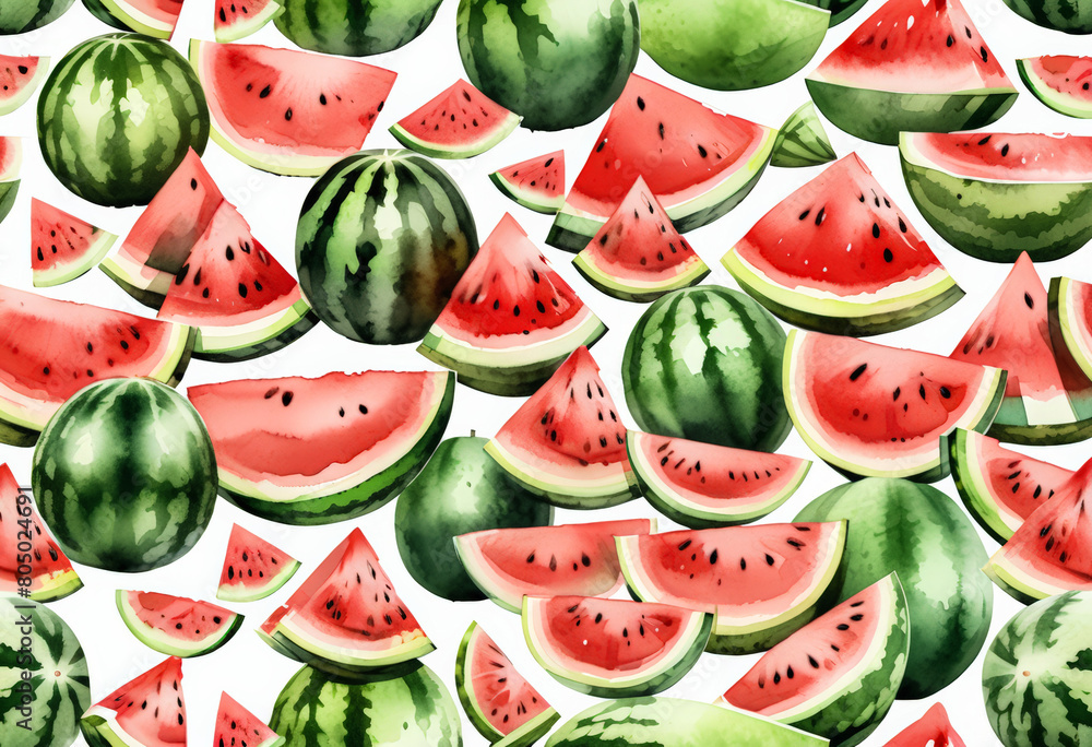 Colorful watermelon pattern with whole and sliced fruit, ideal for summer picnics or National Watermelon Day promotions, in a vibrant watercolor illustration Colorful watermelon pattern with whole and sliced fruit, ideal for summer picnics or National Watermelon Day promotions, in a vibrant watercolor illustration