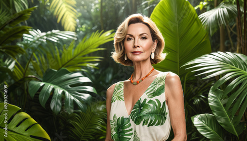 Elegant mature Caucasian woman in tropical dress posing with lush greenery backdrop  ideal for summer fashion and travel lifestyle concepts