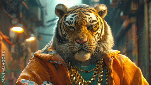 Trendsetting tiger in a bomber jacket  accessorized with gold chains  against a graffiti-filled