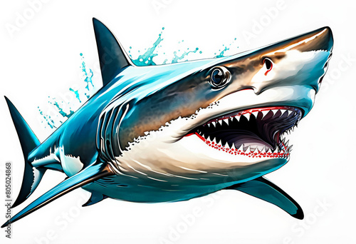 Vibrant digital illustration of a great white shark, ideal for marine biology education, Shark Week promotions, and ocean conservation awareness campaigns photo