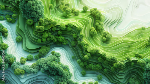 A stylized topographical illustration depicting layered contours of terrain with trees, representing a lush green landscape with valleys and hills.