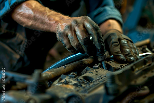 Close-up of a car engine being repaired, focusing on the mechanic's hands and tools 