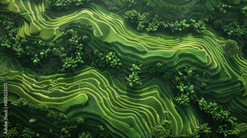 Aerial view of verdant terraced fields with intricate patterns, showcasing agricultural practices that mold the landscape into visually striking, sustainable, and productive contours.