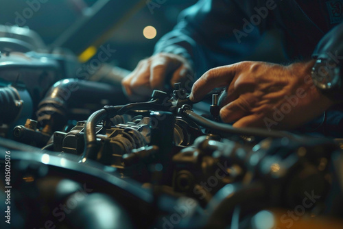 Close-up of a car engine being repaired, focusing on the mechanic's hands and tools 