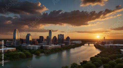 Austin, Texas cityscape near the Colorado River against the skyline horizon.generative.ai