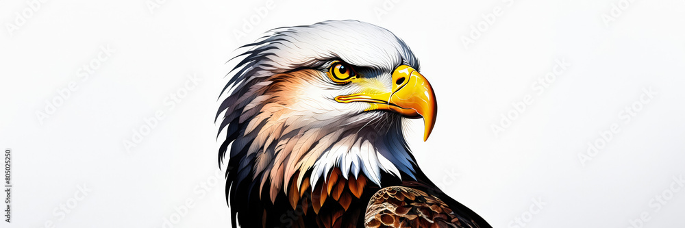 Obraz premium Majestic bald eagle head illustration on a clean white background, symbolizing American patriotism and related to the Fourth of July and National Bird Day