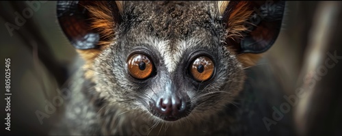 portrait of a bushbaby with disproportionately large eyes in a shadowy photo