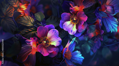 Abstract composition of psychedelic flowers against a dark background, ideal for artistic projects. #805025448