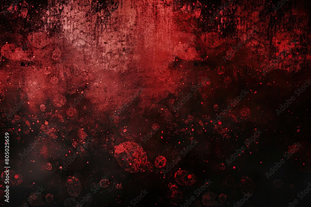 A red background with splatters of red paint. The splatters are in different sizes and are scattered throughout the background