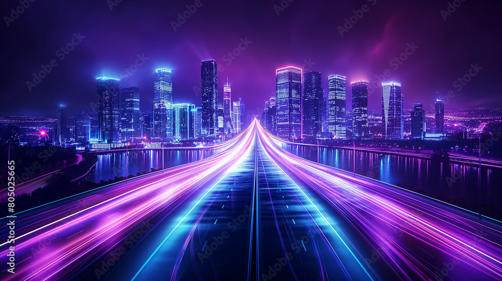 Futuristic night city. Cityscape on a dark background with bright and ...