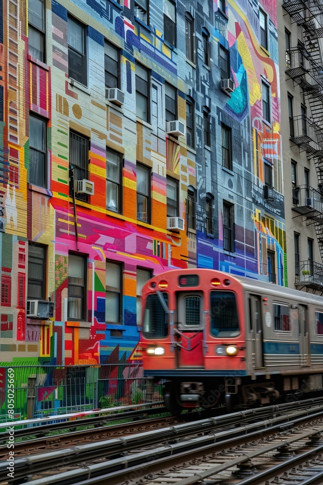 A commuter train is passing by a building with a vibrant and colorful mural painted on its side. The train and the mural create a striking urban contrast against the city backdrop A commuter train is passing by a building with a vibrant and colorful mural painted on its side. The train and the mural create a striking urban contrast against the city backdrop