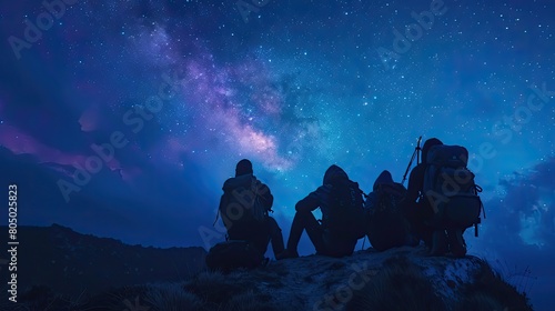 A group of four people are sitting on a mountain top, looking up at the stars. The sky is dark and the stars are shining brightly photo