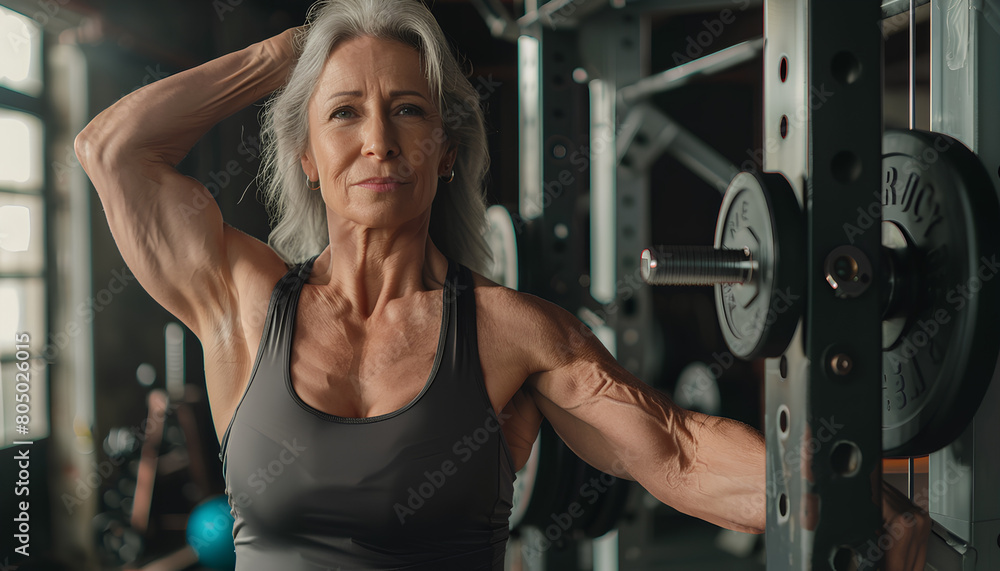 Body positive mature woman showing muscles in gym Body positive mature woman showing muscles in gym