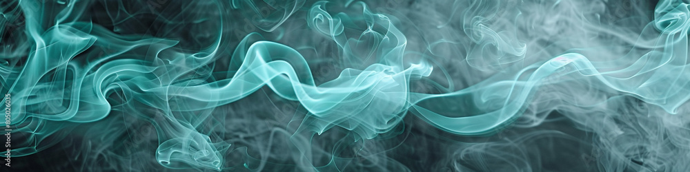 Soft turquoise smoke abstract background gently wafts over a dark grey background.