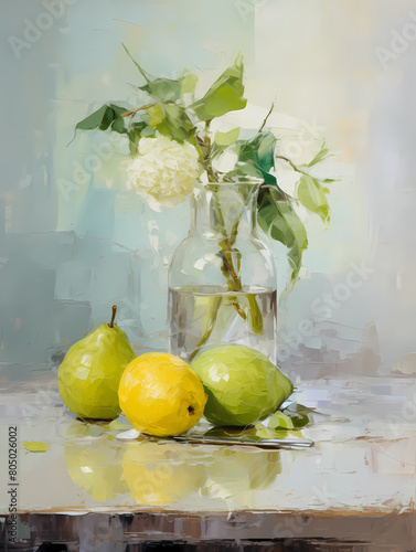 Still life in light green tones. Oil painting in impressionism style. Vertical composition.