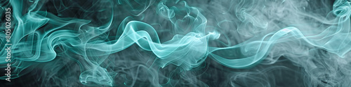 Soft turquoise smoke abstract background gently wafts over a dark grey background.